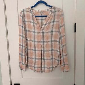 Calvin Klein Soft Flannel Plaid Baby Pink, Grey, White Button-Down Women's Top